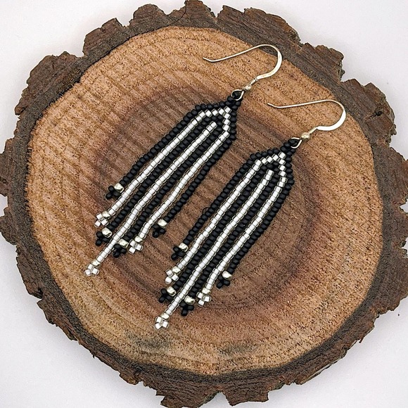 Seed Bead Fringe Dangle Earrings Black White Striped Glass Beads Sterling Silver - Picture 1 of 5